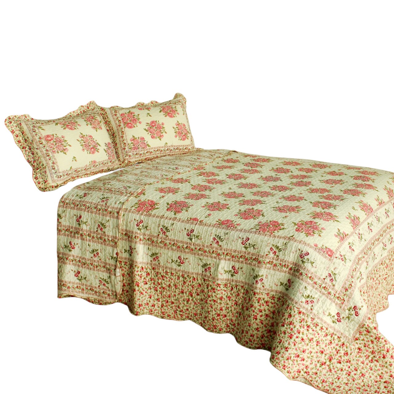 Full/Queen Multi Cotton Quilt Set 3-Piece Floral Vermicelli Quilted